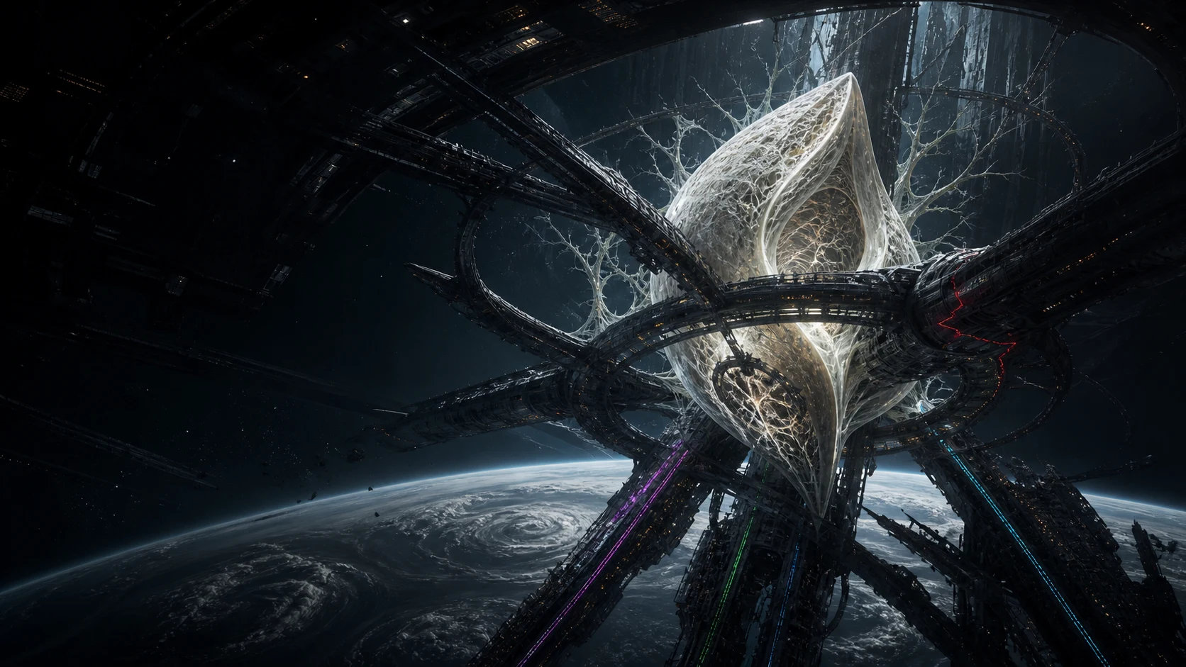 NEREID station encircles an immense alien Seed above a distant planet in STAROPHAGE