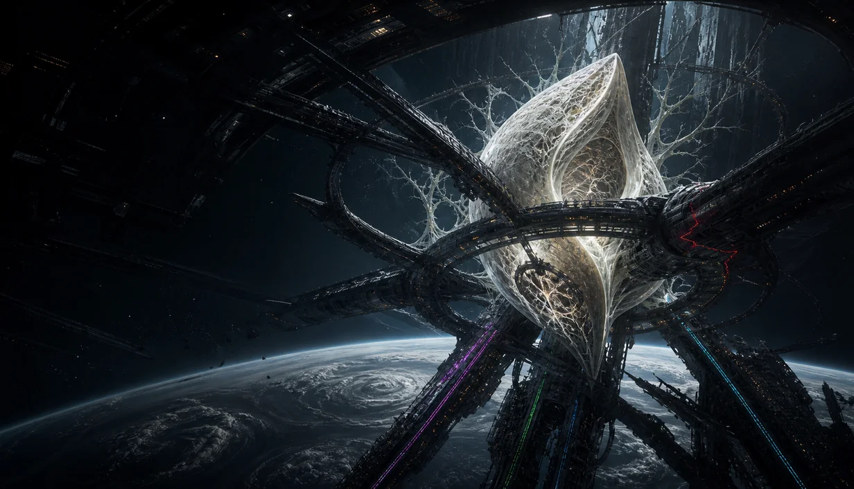 NEREID station encircling an immense alien Seed above a distant planet