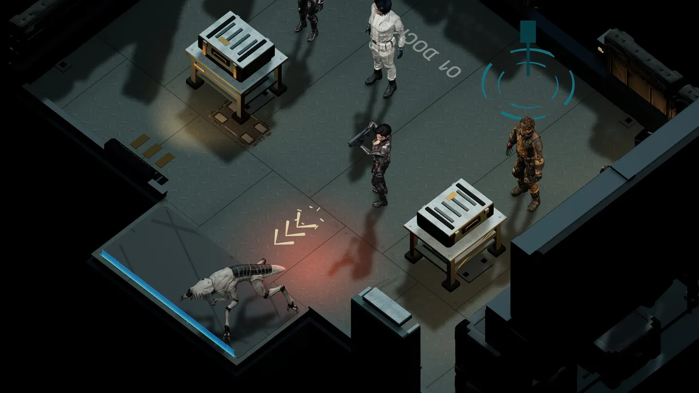 The STAROPHAGE recovery team confronts an alien in an isometric station corridor
