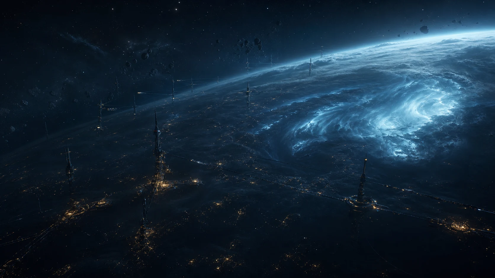 The orbital frontier of Stelvyr above a vast blue planet