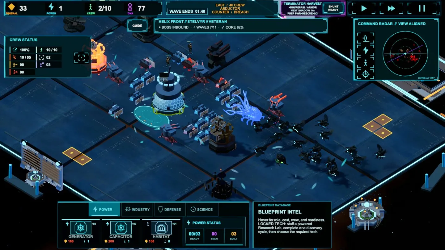 An alien assault on a fortified Stelvyr colony, with crew, power, and command radar visible