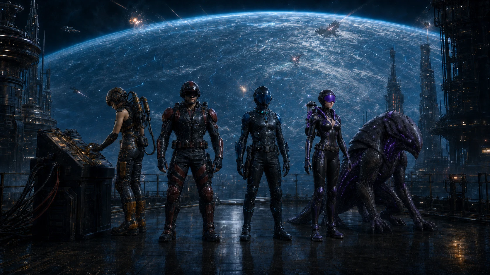 Four Stelvyr specialists and their alien guardian beneath a planetary shield