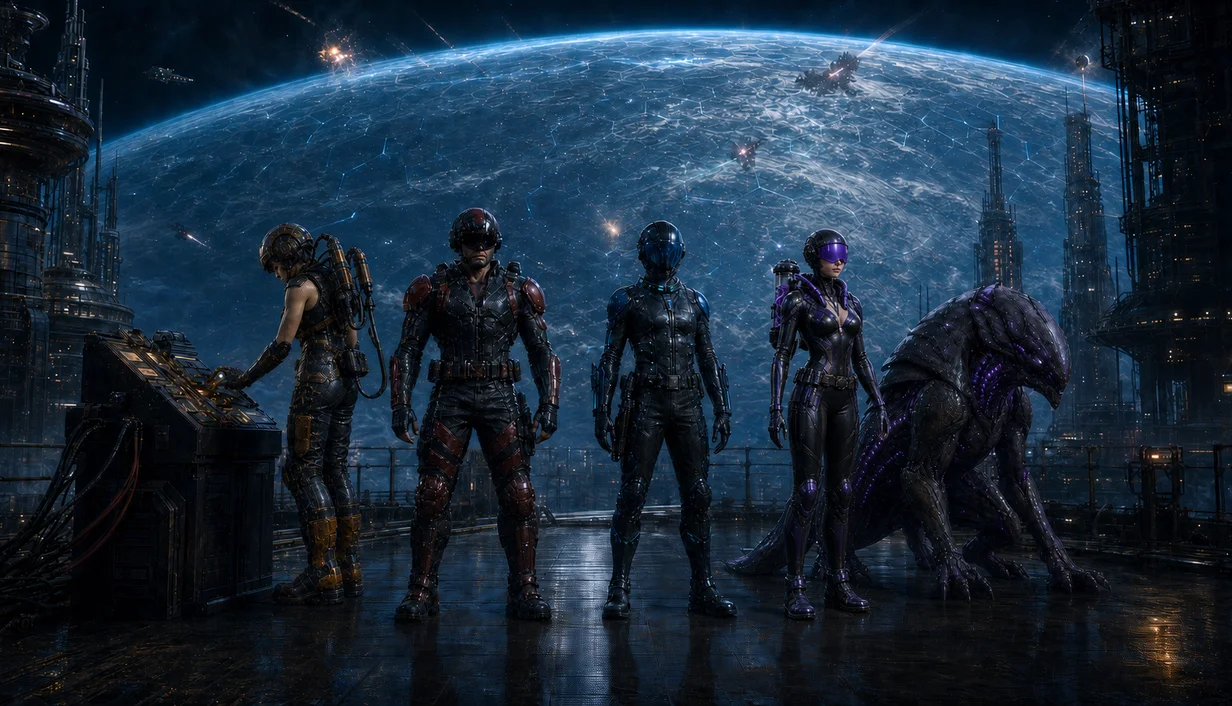 Four Stelvyr specialists and an alien guardian beneath a planetary shield